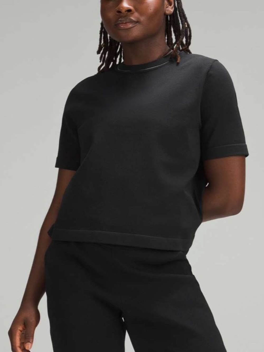 Lululemon Boxy Knit T-Shirt Black Short Sleeve Cropped Relaxed Fit-L